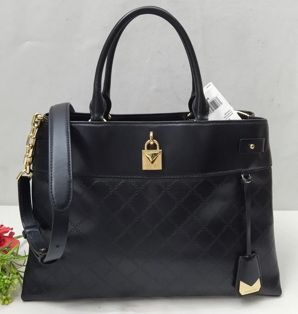 Michael Kors Gramercy Black Leather Lock Double Satchel Shoulder Bag - $358